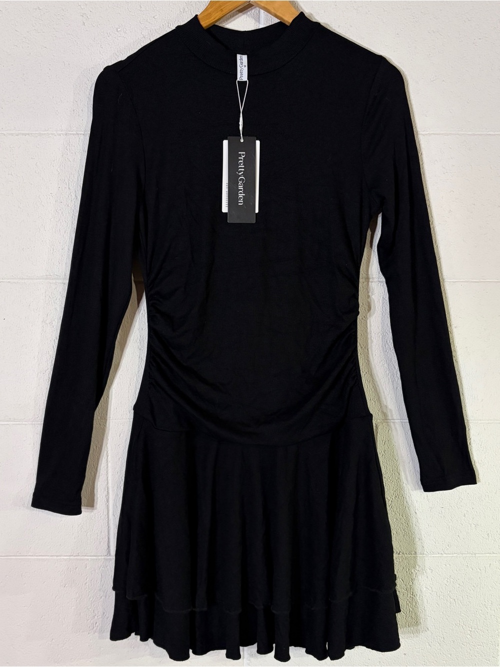 PrettyGarden Black Long-Sleeve Ruched Y2K Ruffle Layered Bodycon Mini Dress